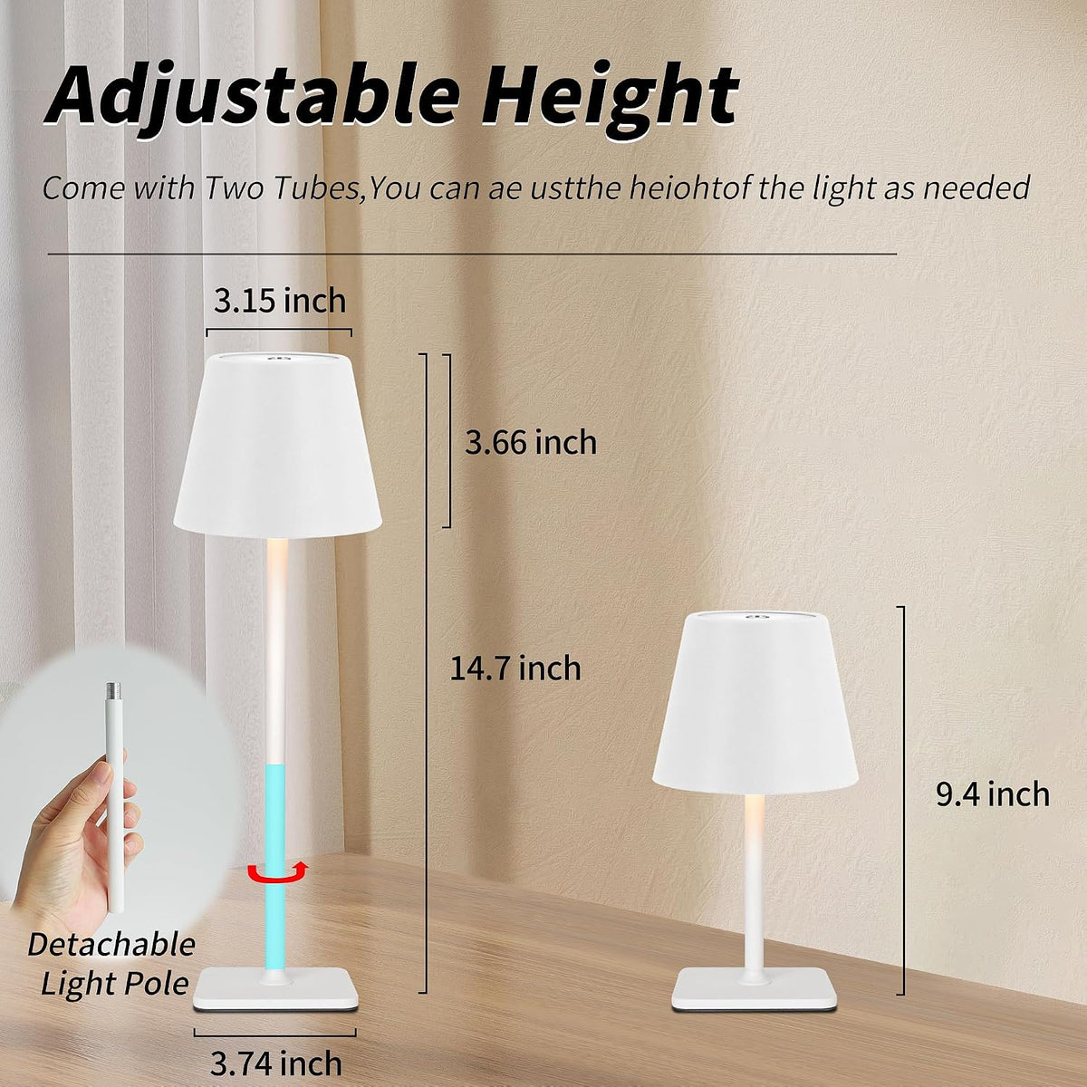 Mr. White Outdoor Waterproof Cordless Set of 2 Rechargeable Portable Top Touch Battery Operated Powered LED Table Lamp with Rattan lampshade for Restaurant Kitchen Patio Dinner Dining (White 2 Pack)