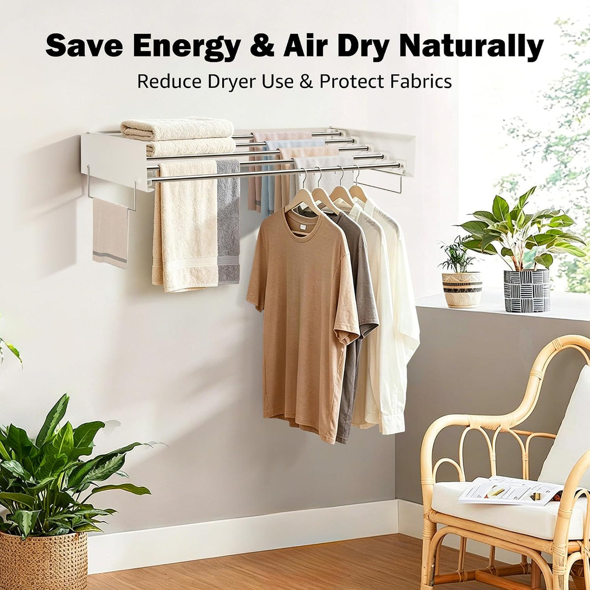 Wall Mount Drying Rack 32", 65LBS Retractable Clothes Rack, White