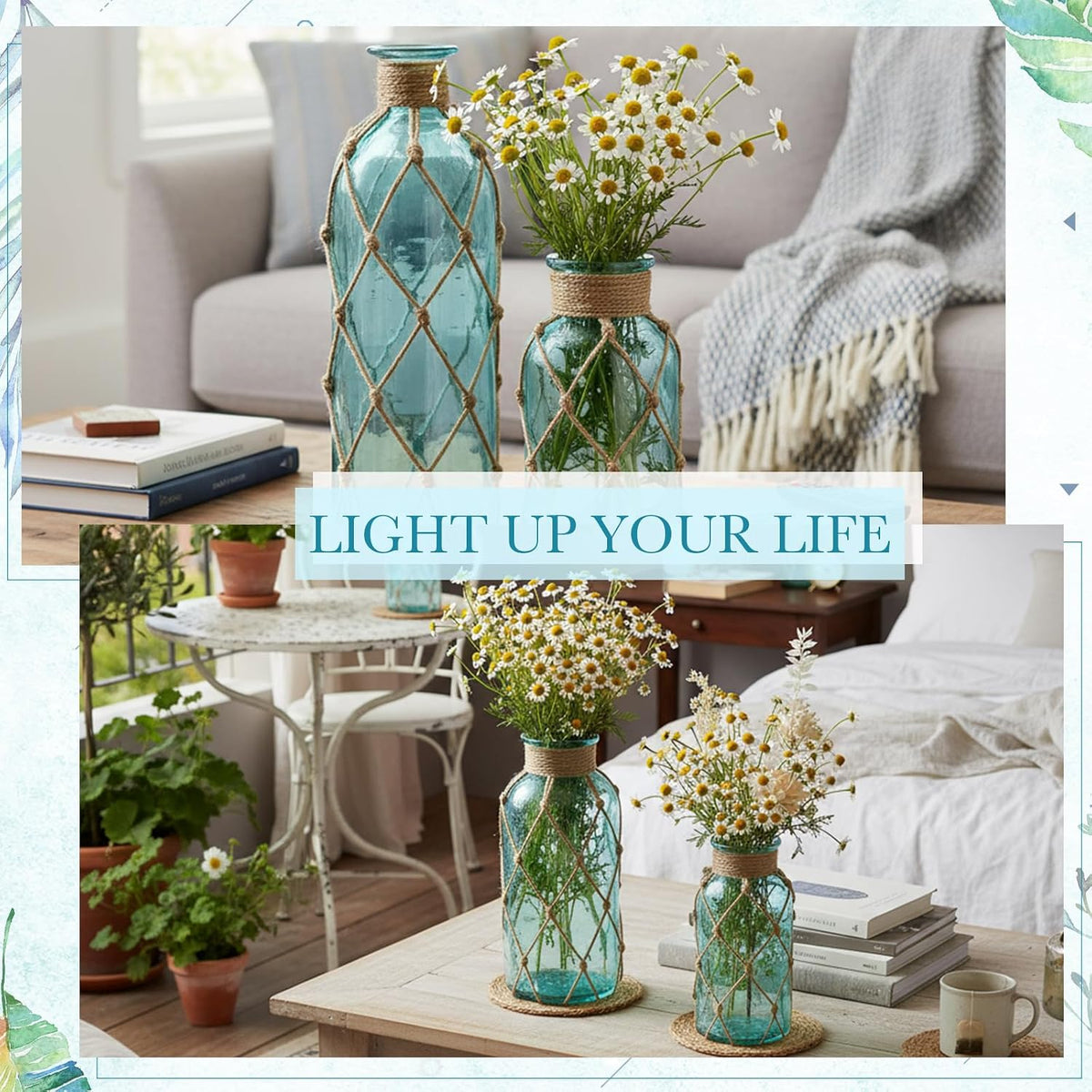 Chuangdi Set of 2 Coastal Glass Flower Vase with Boho Rope, Light Blue