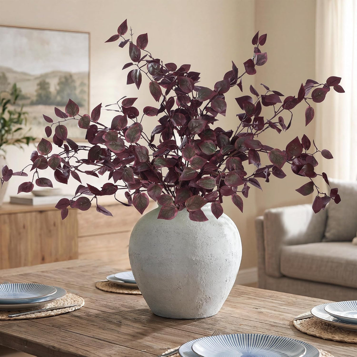 Sggvecsy 5 Pcs Artificial Eucalyptus Stems 32.7 inch Fake Red Branches with Faux Eucalyptus Leaves Silk Foliage Plants for Home Fall Autumn Thanksgiving Vase Kitchen DIY Festival Farmhouse Decor (Red)