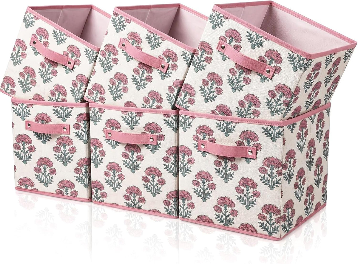 6 Pcs Fabric Floral Cube Storage Bins 11 Inch Flower Storage Basket with Handle, Linen Collapsible Fabric Box for Classroom Bedrooms Office Home Decoration (Pink indian flowers)