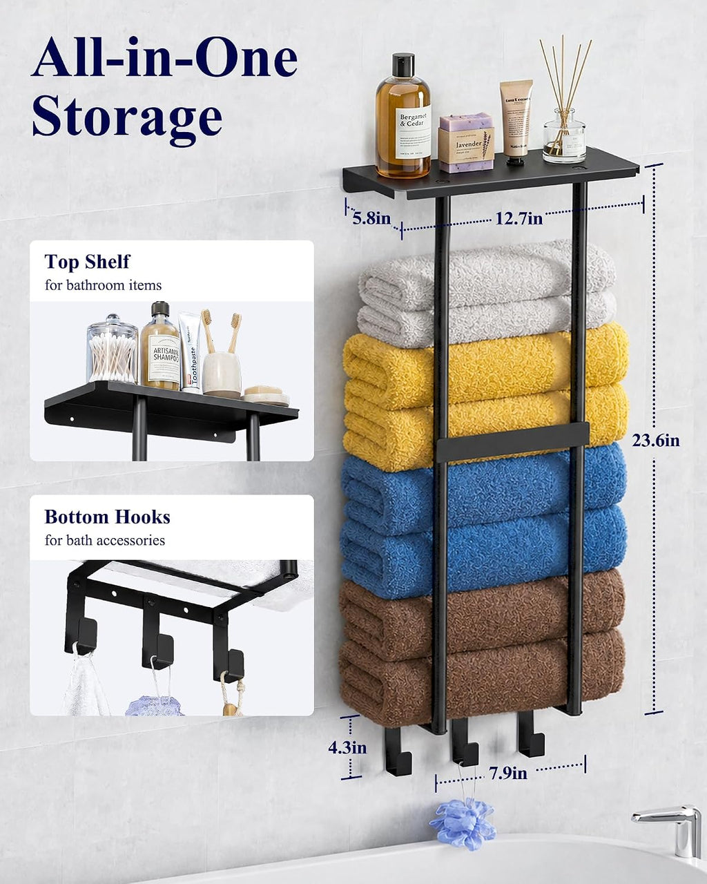 Kitsure Wall Mounted Towel Rack, Metal Towel Holder with Shelf, 29.3" H