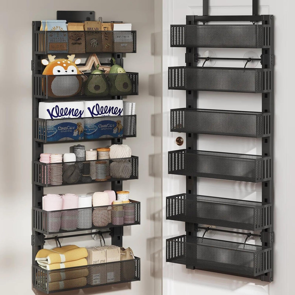 Over The Door Organizer, 6-Tier Heavy-Duty Metal Mesh Rack, Adjustable Large Baskets, 2-in-1 Hanging or Wall Mount Spice Rack, Behind The Door Organizer for Bedroom Closet Bathroom Pantry Kitchen