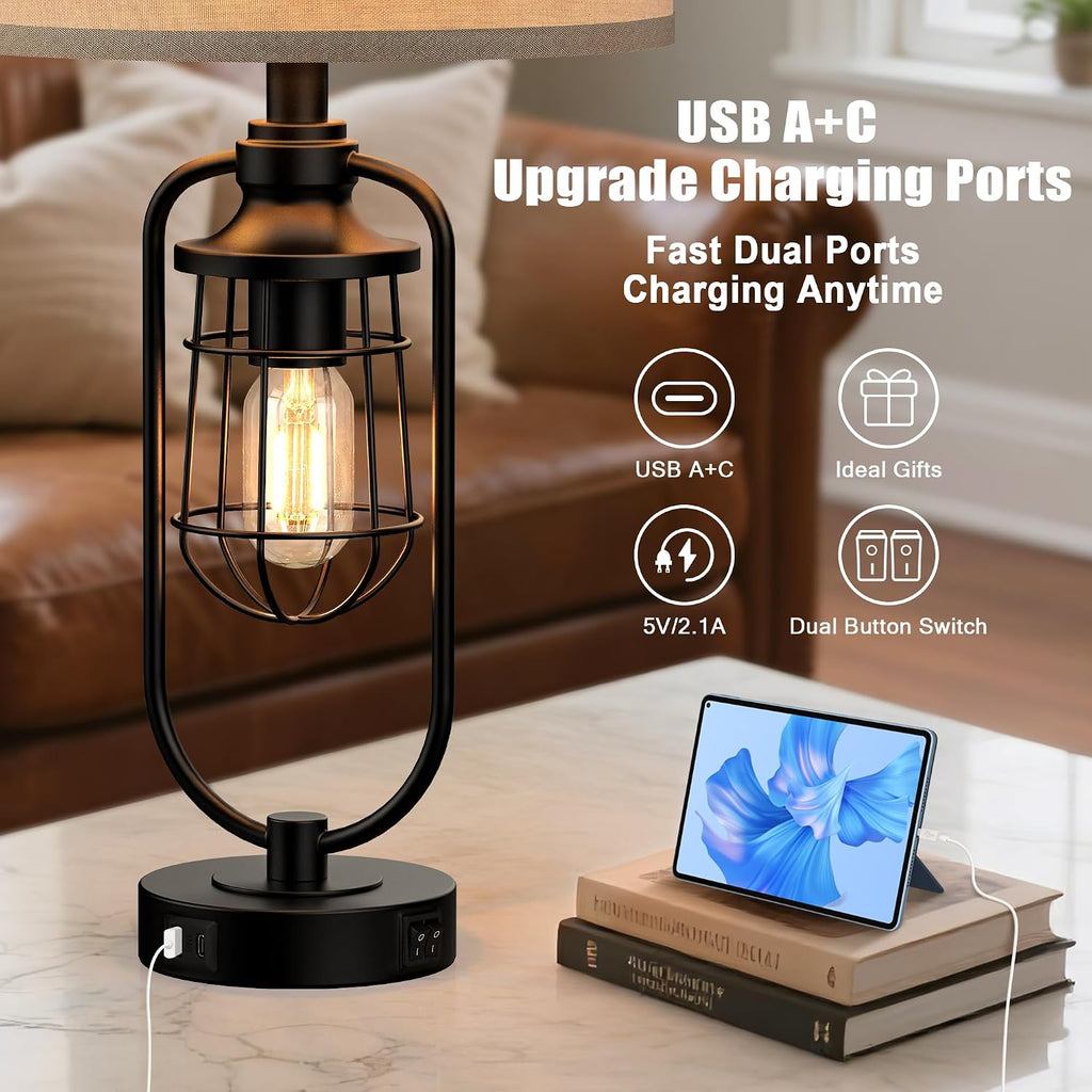 24" Farmhouse Black Table Lamps Set of 2 for Living Room, USB A+C