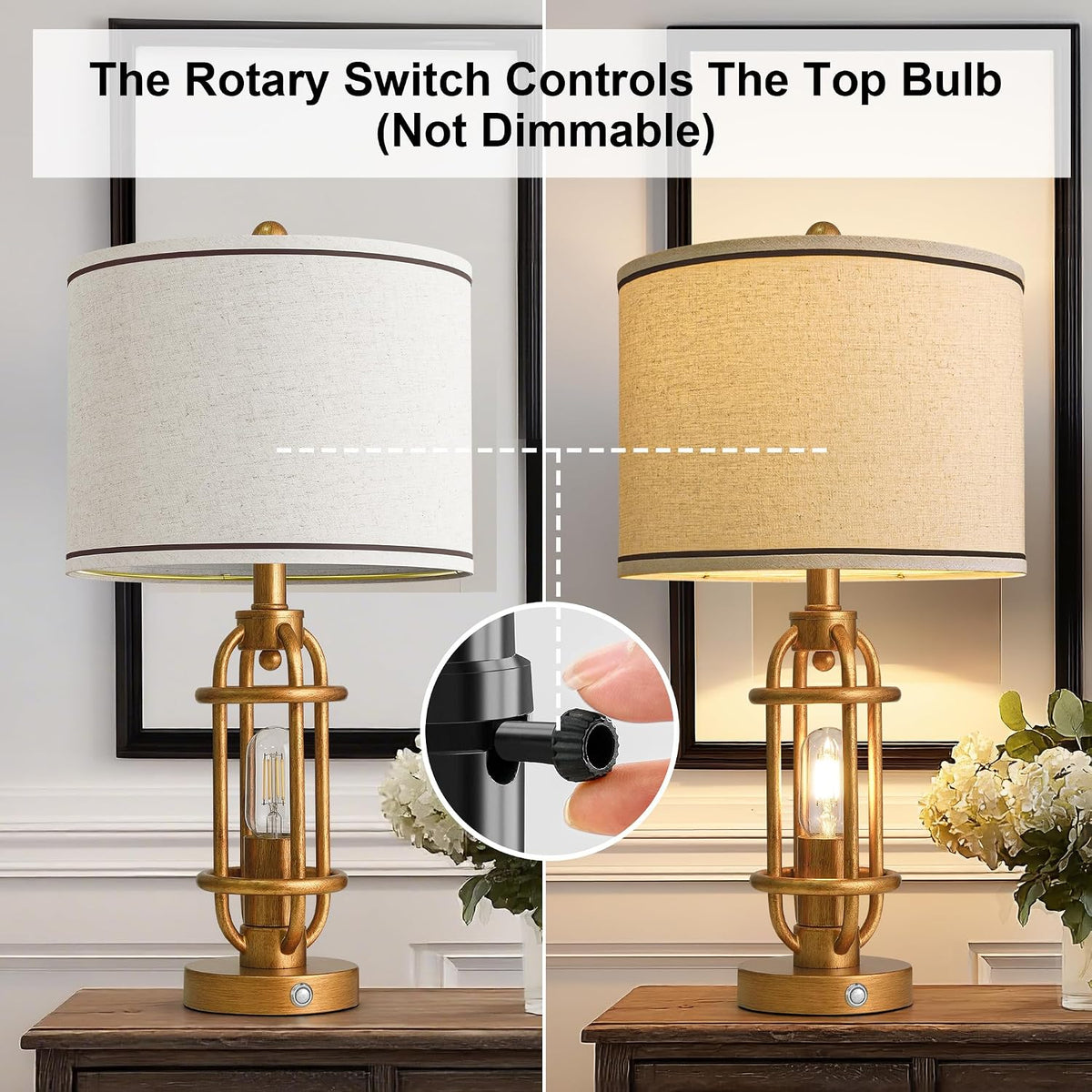 G-SAFAVA 23.75'' Table Lamps Set of 2 for Living Room Bedroom Industrial Farmhouse Metal Touch Lamps with USB A+C Ports, Night Light Vintage Nightstand Bedside Lamp, Bulbs Included, Antique Gold