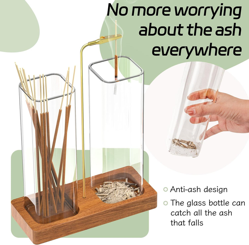 Incense Holder for Sticks, 2 in 1 Incense Burner with Glass Jars, Upside Down Incense Holder with Ash Catcher & Storage for Meditation Yoga Spa Home Decor with 20 Incense Sticks & Brush