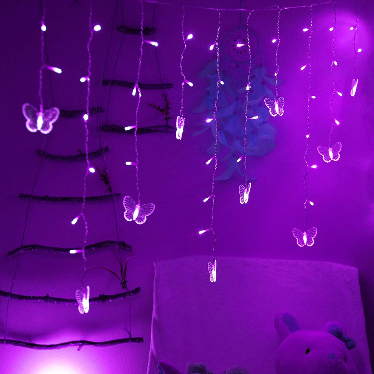 Butterfly Curtain Lights, 4.9ft 48 LED USB Window Fairy Lights 10 Butterflies 8 Modes Firefly Twinkle String Lights for Room Bedroom Wall Ceiling Party Wedding Christmas (Purple)