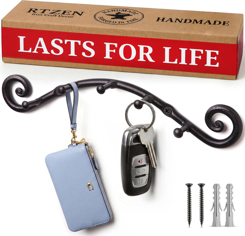 RTZEN Farmhouse Small Key Holder for Wall, Wrought Iron Wall Mount Rack
