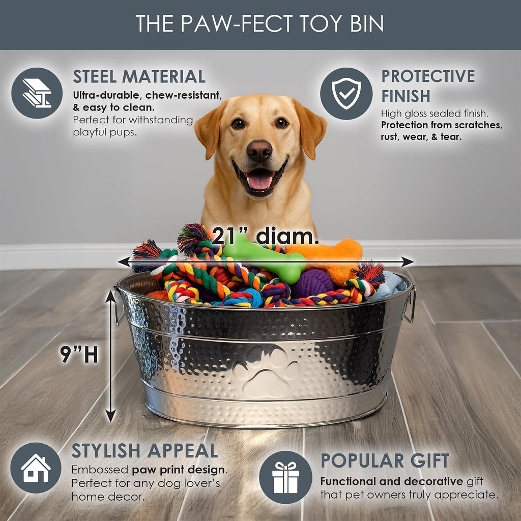 BREKX Stainless Steel Indestructible Dog Toy Bin - Pet Storage Bin with Handles, Large Organizer Storage Basket for Pet Toys, Blankets, Leashes - Pawprint Design Home Decor (Silver - 25 Quart)