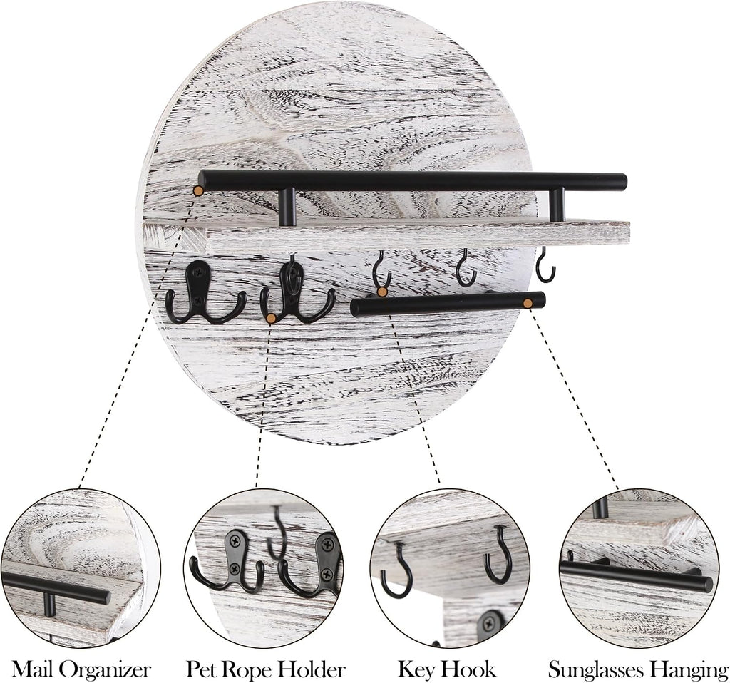 Gurfuy Key Holder for Wall with Shelf - Wood Mail Organizer and Rack with Shelf Hooks Wall Mounted for Entryway Decor Magazines Letter Storage Farmhouse Living Room Bedroom Doorway (White)