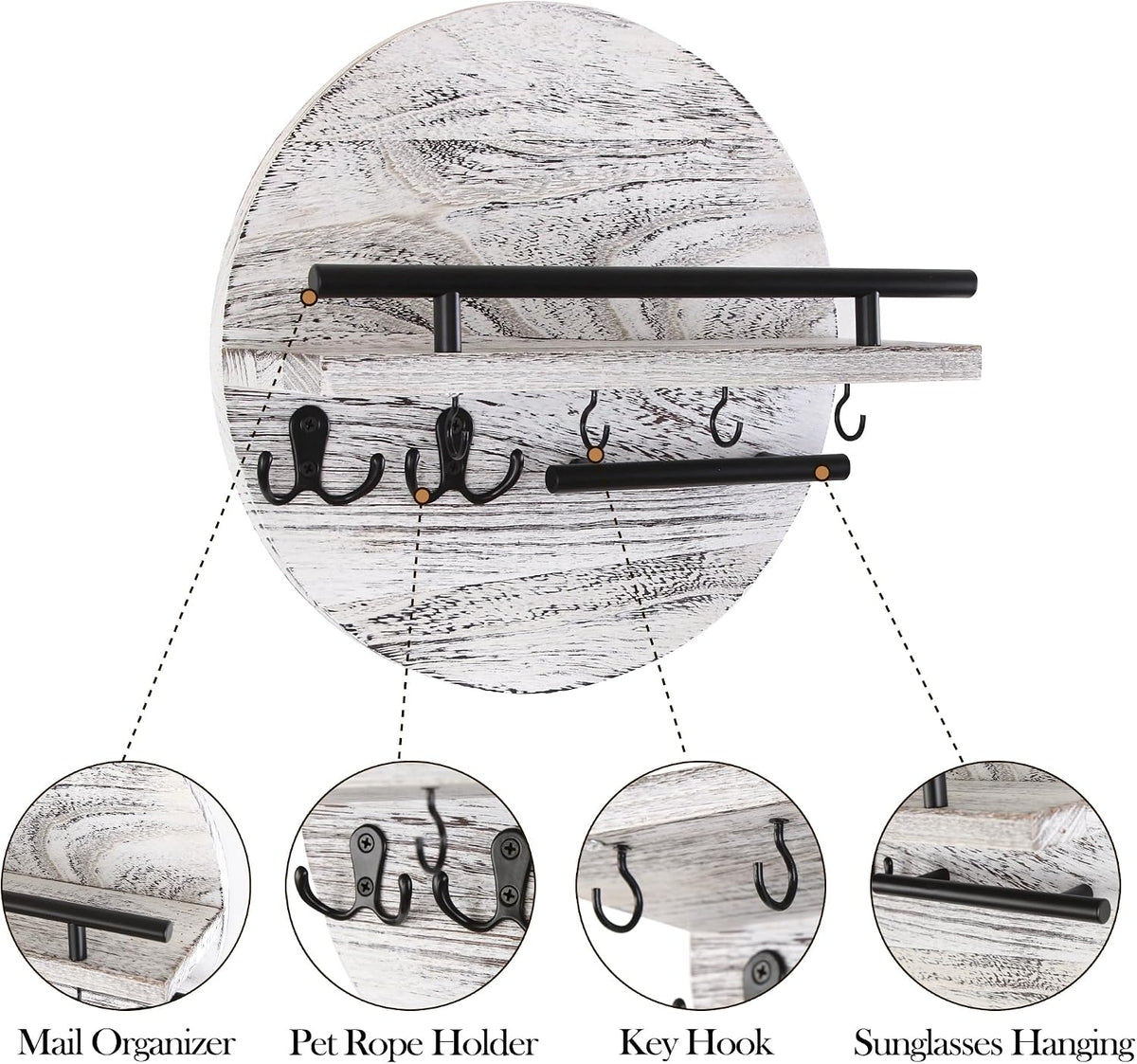 Gurfuy Key Holder for Wall with Shelf - Wood Mail Organizer and Rack with Shelf Hooks Wall Mounted for Entryway Decor Magazines Letter Storage Farmhouse Living Room Bedroom Doorway (White)