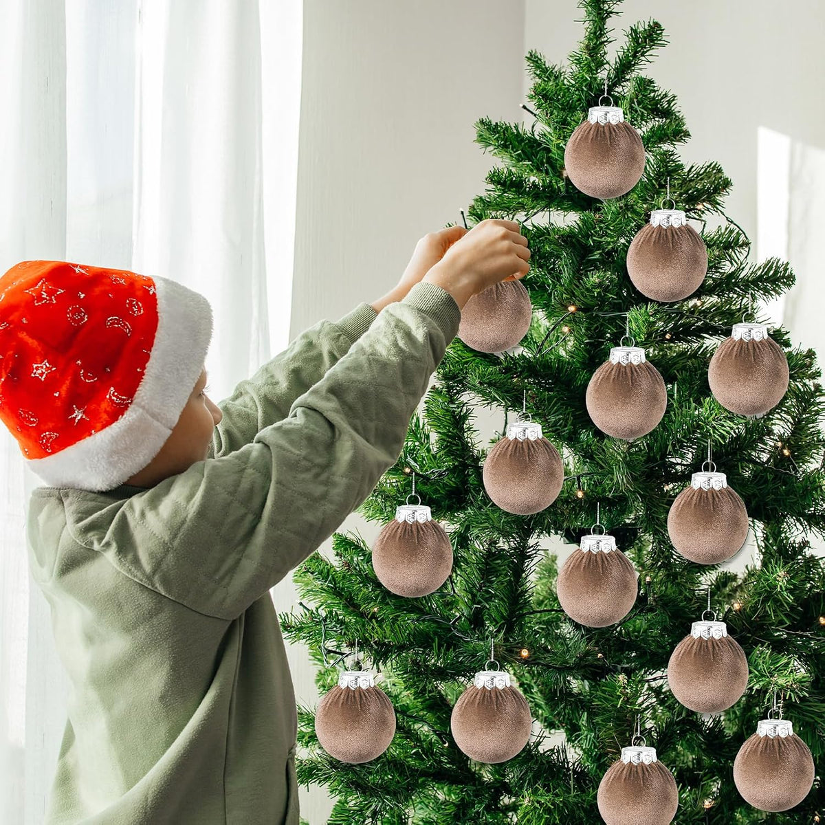 Velvet Christmas Balls Set 30pcs Champagne Velvet Christmas Tree Ornaments Shatterproof Xmas Hanging Balls Decorative Hanging for Xmas Holiday Family Home Store Indoor Decor 2.4inch