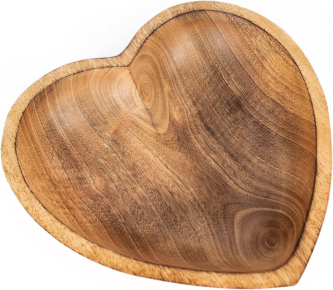WitnyStore Heart Shaped Wood Bowl 10" Brown Handcrafted Wooden Bowls Collectible Functional Serving Tray Dish Plate Hand Made Decorative Tableware for Candy Nuts Dessert Fruit Home Décor Accents Gifts