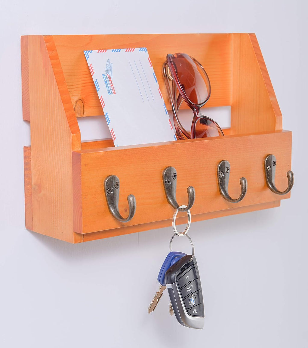 Wall Mounted Key and Mail Holder with 4 Hooks. Made of Solid Wood. Use as Key Rack, Entryway or Mudroom Organizer, Mail Sorter, Magazine Holder, Bill Sorter, Rustic Home Décor (Oak)