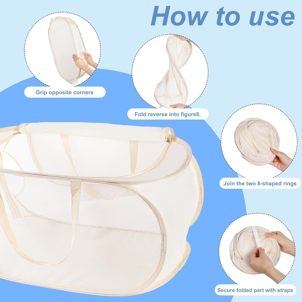 4Pcs Beige Canvas Laundry Hamper, Foldable Pop-up Mesh Basket, Large Capacity, Opening Design, Side Storage Bag, Versatile Use-Home, Camping, Dorm, Hotel, Travel