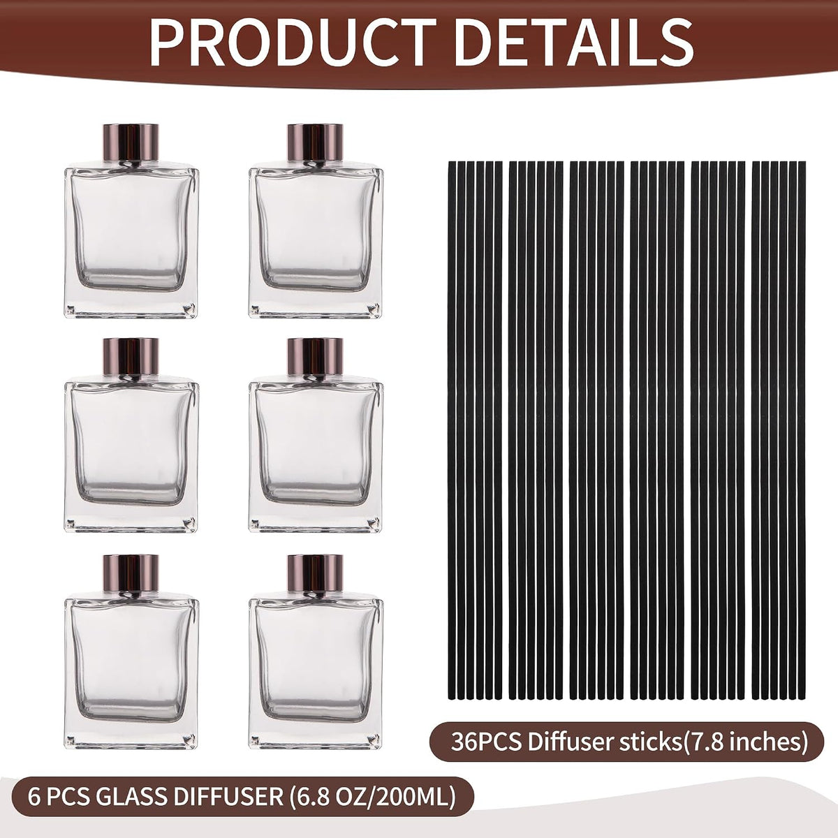 6 Pack Perfume Reed Diffuser Bottle,Empty Square Essential Oil Bottles Glass Jar with Black Sticks for DIY Fragrance Replacement Diffuser Sets (200ml/6.8 oz, Transparent Color)