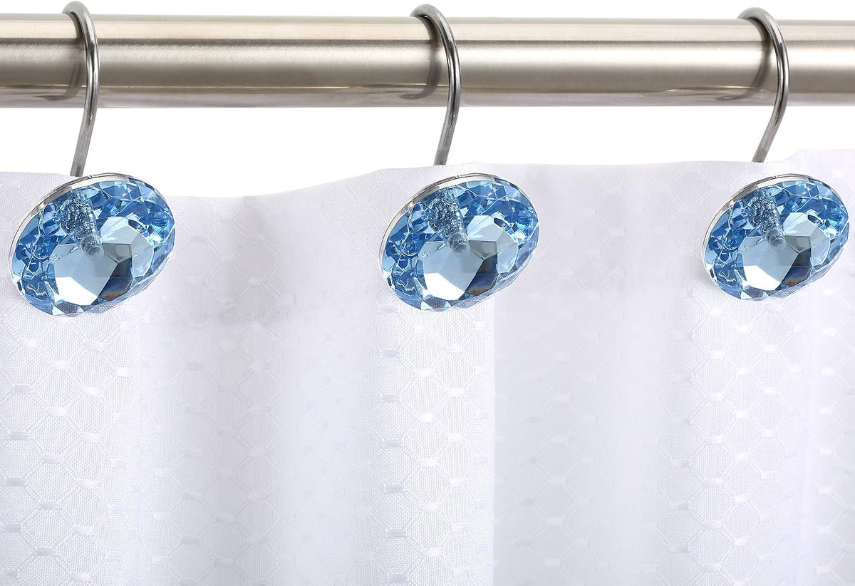 CHICTIE Blue Shower Curtain Hooks Rings Crystal,Diamond Decorative Shower Curtain Hooks,Set of 12 Stainless Steel Rust-Proof Round Rhinestones Shower Rings Hangers for Bathroom