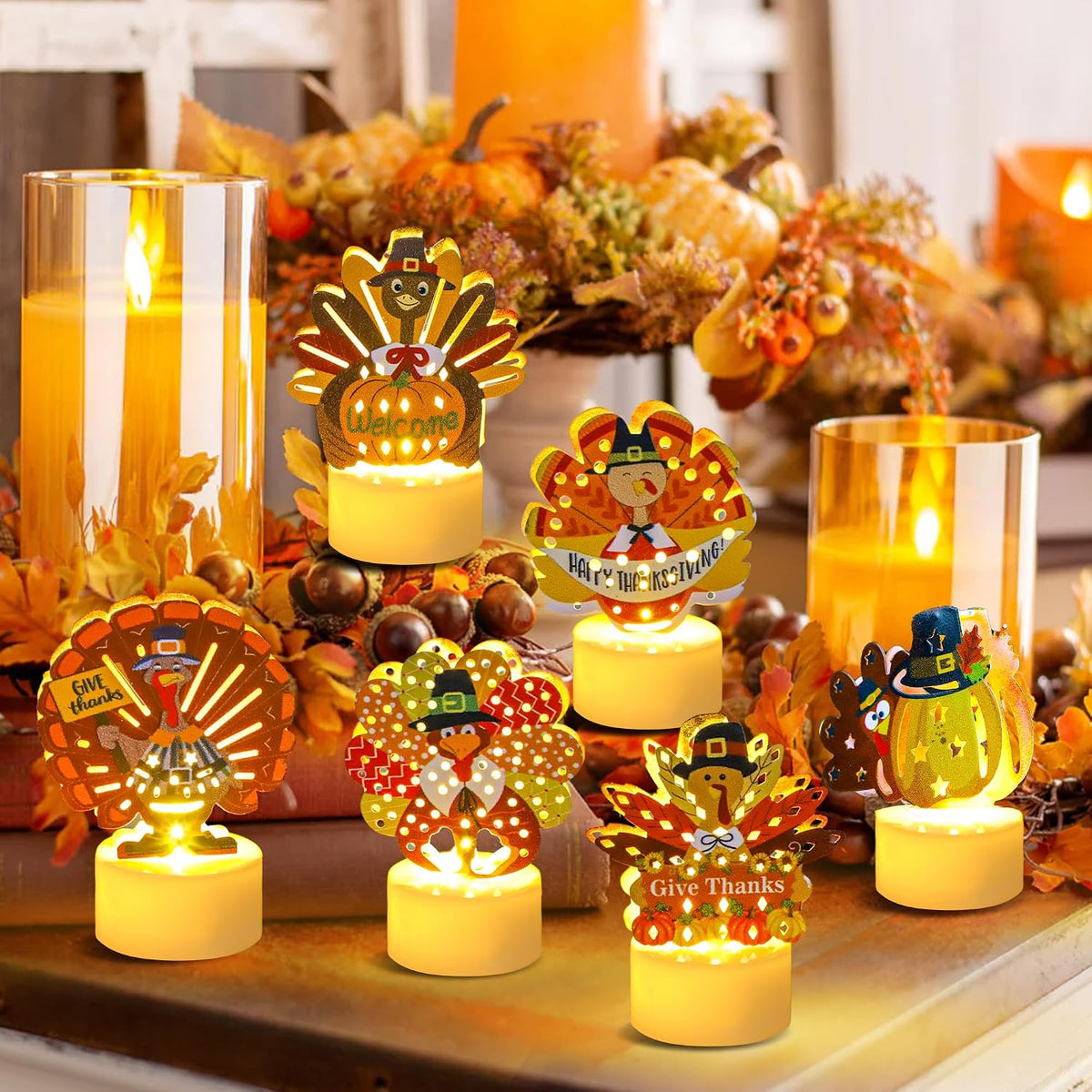 12 PCS Turkey Tea Lights Candles Battery Operated Thanksgiving LED Flameless Tealight Candles, Cute Thanksgiving Table Decorations Centerpieces for Home Kitchen Indoor Party Fall Decor