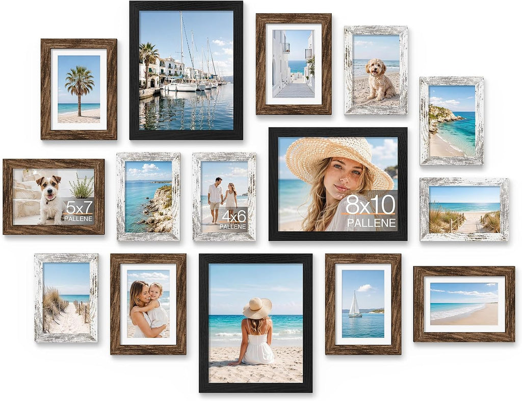 Pallene 15 Pack Gallery Wall Frame Set, Black, Brown, Distressed White