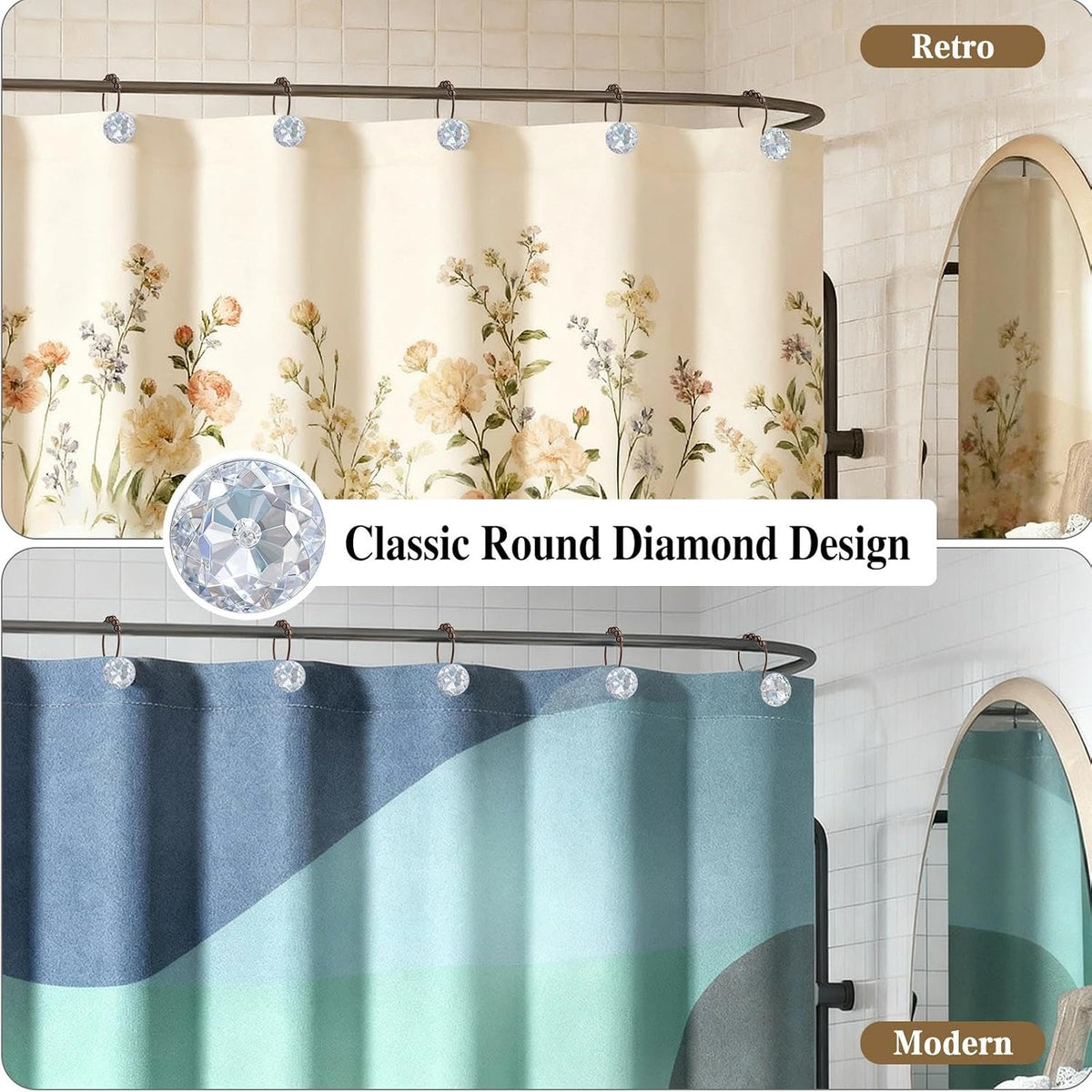 Goowin Shower Curtain Hooks, Crystal Shower Curtain Rings, Stainless Steel Shower Curtain Hangers, Metal Shower Rings for Curtain, Decorative Double Shower Hooks for Shower Curtain & Liner, Bronze