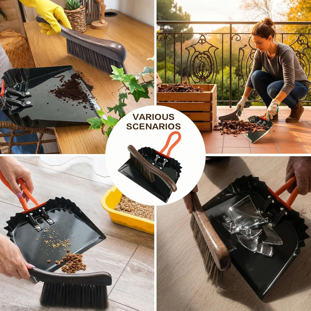 12 Inch Metal Dustpan with Wood Brush, Steel Dust Pan Brush Set