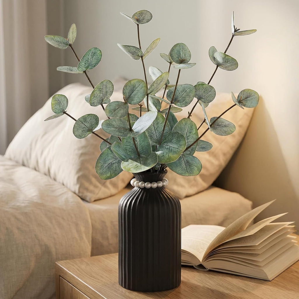Artificial Eucalyptus Stems in Vase, Faux Plants with Frosted Ceramic Vase, Nordic Style Fake Green Plants with Bottle Set for Home Decor Indoor Centerpiece (Green Eucalyptus with Black Vase)