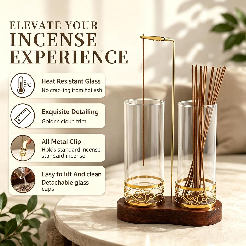 2 in 1 Incense Holder Set, Anti-Tip Burner Glass Ash Catcher with 20 Sticks