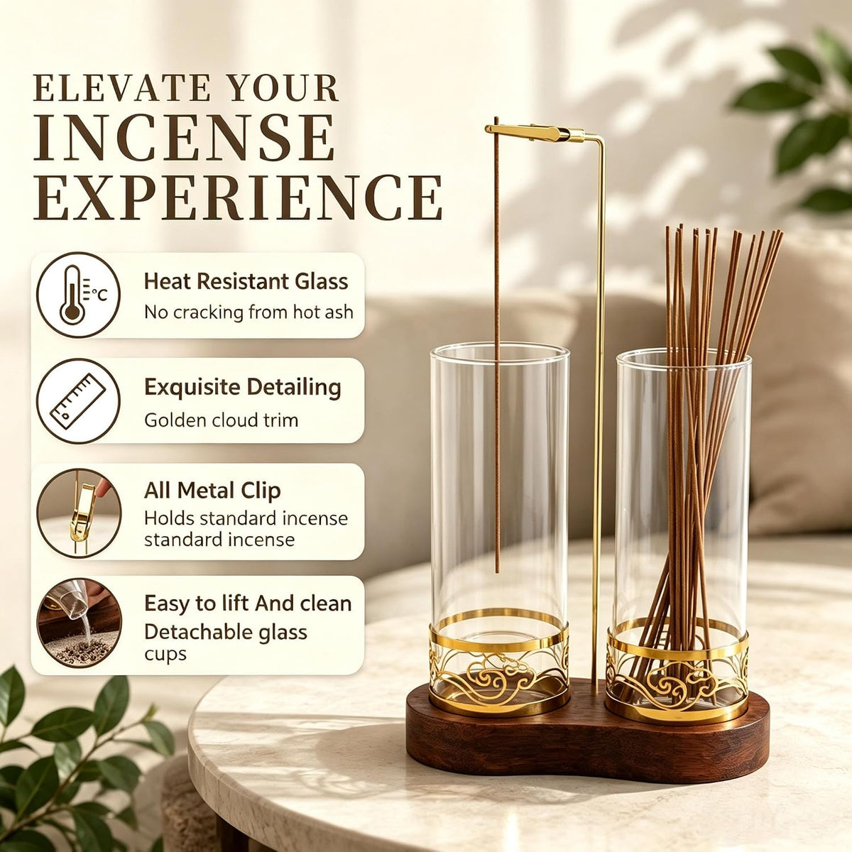 2 in 1 Incense Holder Set, Anti-Tip Burner Glass Ash Catcher with 20 Sticks