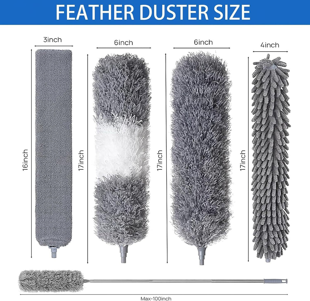 Dusters for Cleaning - 9Pcs Feather Duster Extendable Pole Up to 100'', Microfibre Feather Duster Bendable Washable Long Duster for Cleaning Ceiling Chandelier High Ceiling Furniture