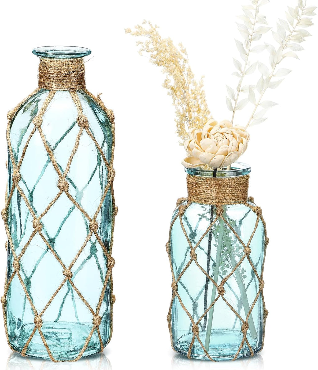 Chuangdi Set of 2 Coastal Glass Flower Vase with Boho Rope, Light Blue