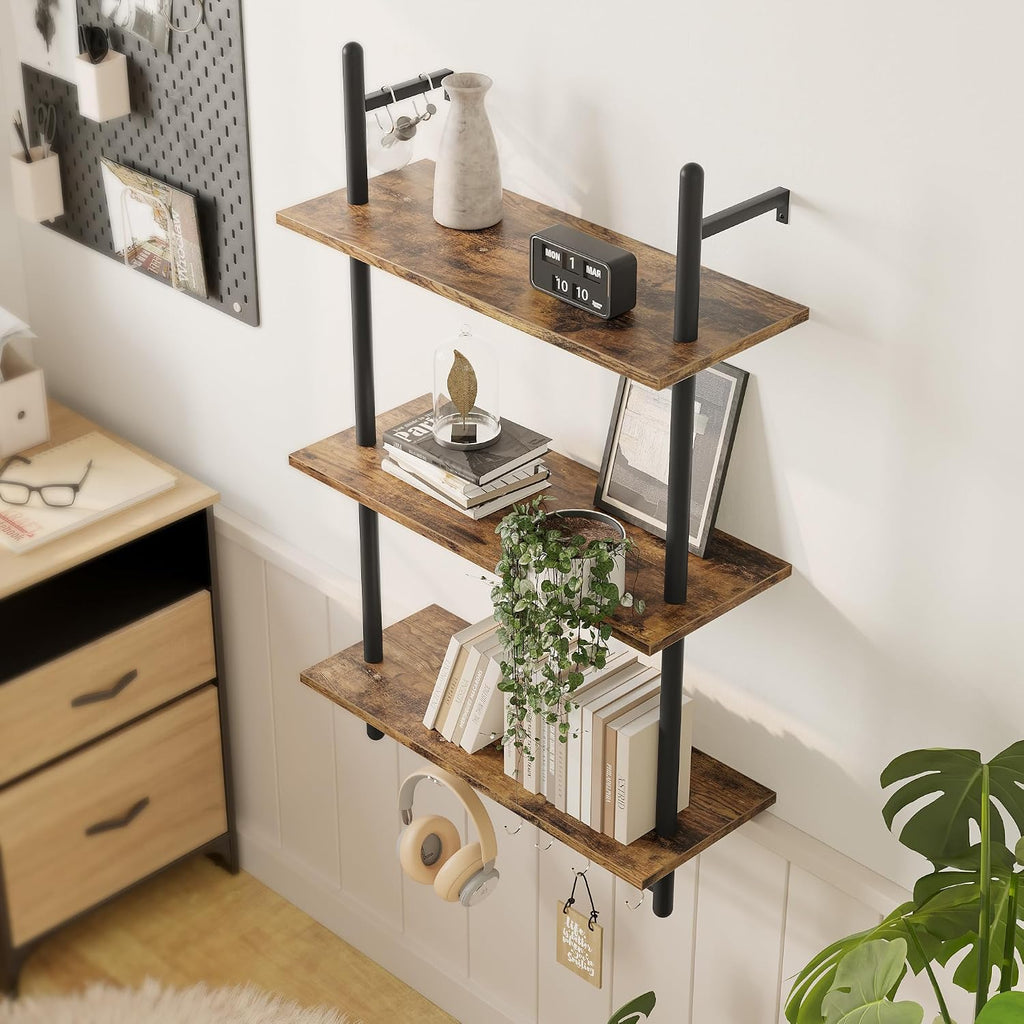 Bestier 24 Inch 3 Tier Industrial Pipe Shelves with Towel Bar, Rustic Brown