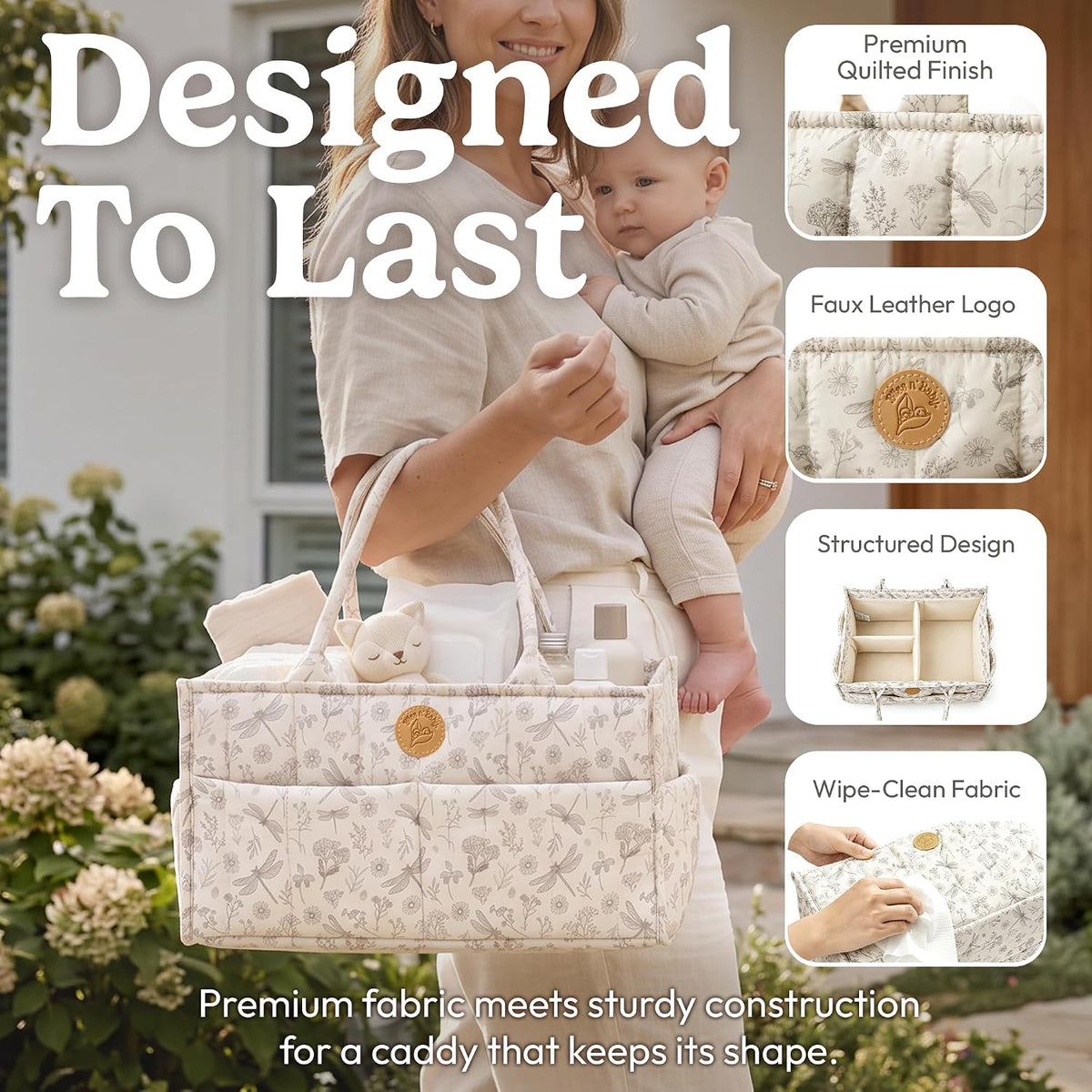 Floral Diaper Caddy Organizer - Portable Diaper Caddy with Handles & Removable Dividers - Large & Quilted Nursery Storage Basket for Girls - Woodland Nursery Decor & Wildflower Gift for Baby Shower