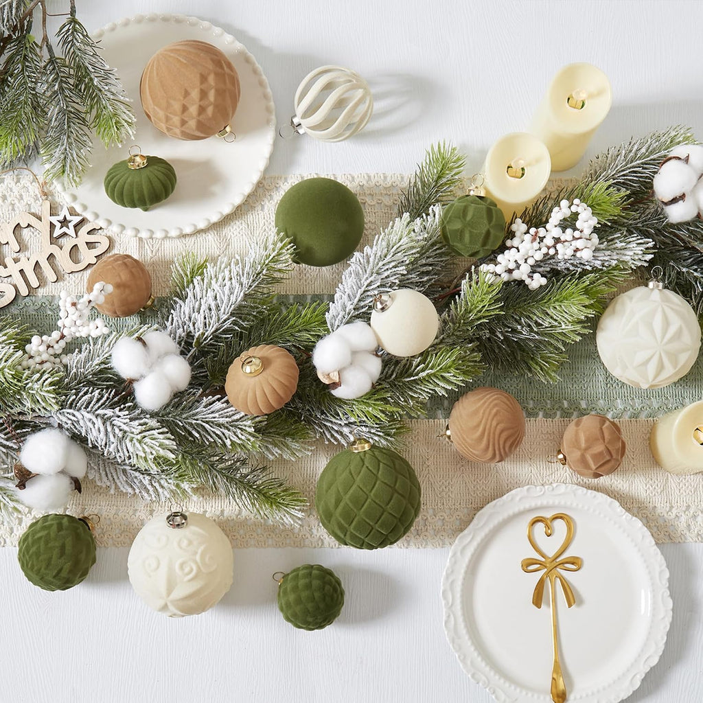 30pcs Velvet Christmas Ball Ornaments, Flocked Shatterproof Christmas Ornaments Hanging Xmas Tree Decorations Set for Home Party Holiday Decor (Multi-Size, Brown-Green-Cream)