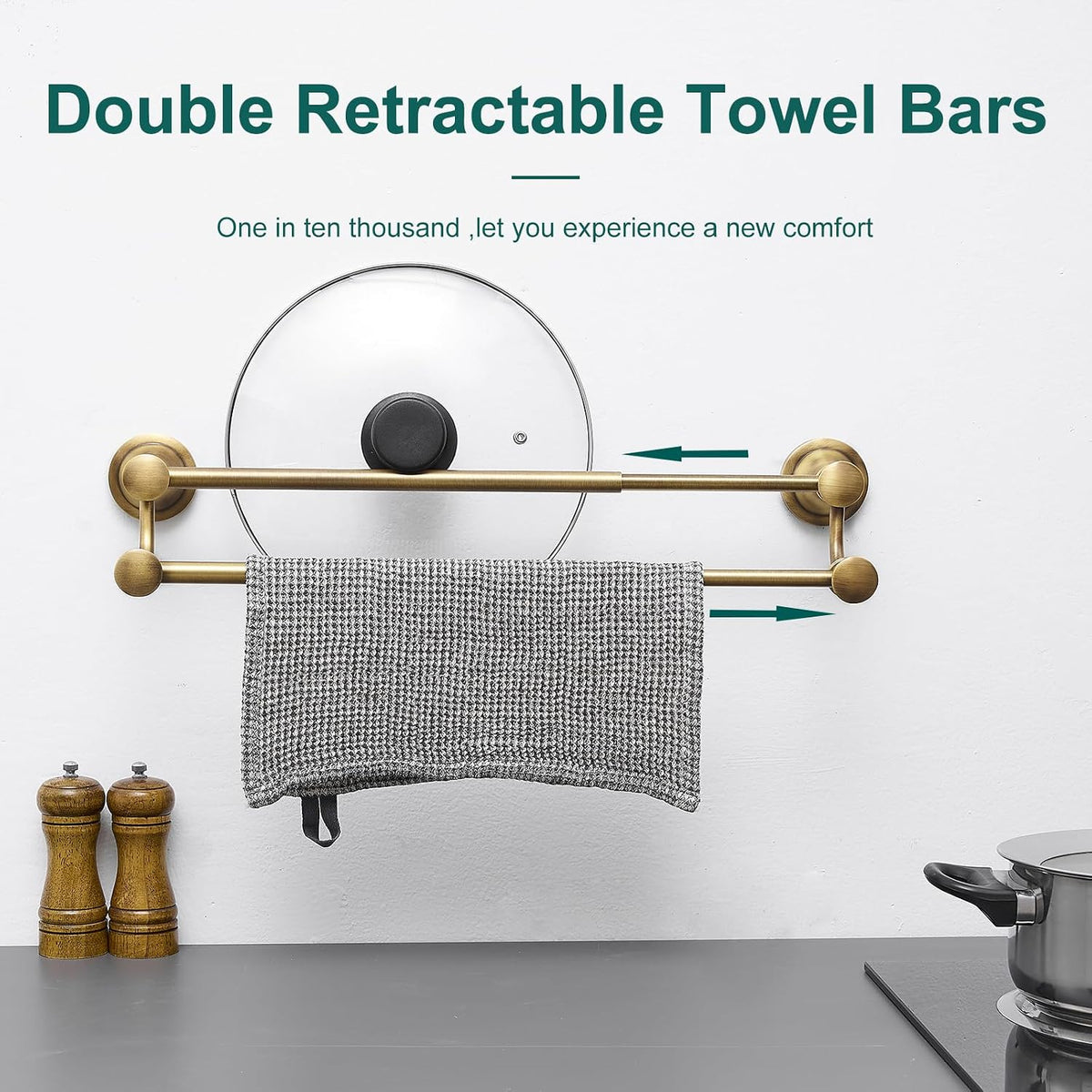 Hoimpro Adjustable Retractable 15-27 Inches Stainless Steel Bathroom Towel Bar, Bathroom Accessories Bath Hotel Double Towel Bar Rod Hanger Wall Mounted Towel Holder Towel Rack, Antique Brass