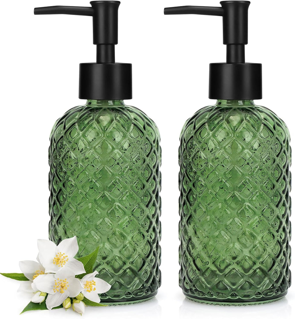 2 Pack Gem Glass Soap Dispenser with Black Plastic Pump, 13oz Liquid Hand Soap Dispenser, Rustproof Pump for Kitchen & Bathroom, Great for Lotions, Essential Oil, Liquid Soaps-Army Green