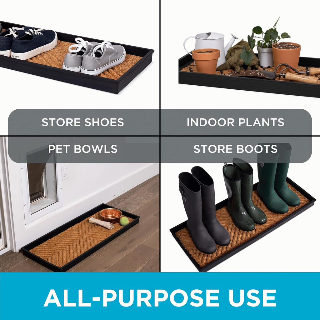 Rubber Boot & Shoe Tray | Coir Insert | 34" x 14" | Waterproof Shoe Tray for entryway | Embossed Pattern