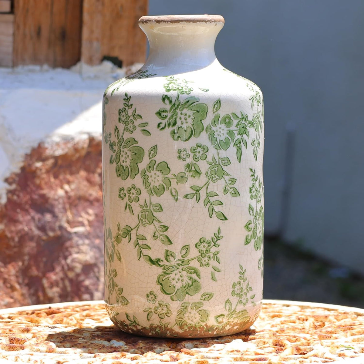 8" Retro Crackle Glaze Ceramic Vase Rustic Green Vases Decorative Vases Farmhouse Home Decor Vase Chinoiserie Vintage Flower Vases (Green, 8 Inches)