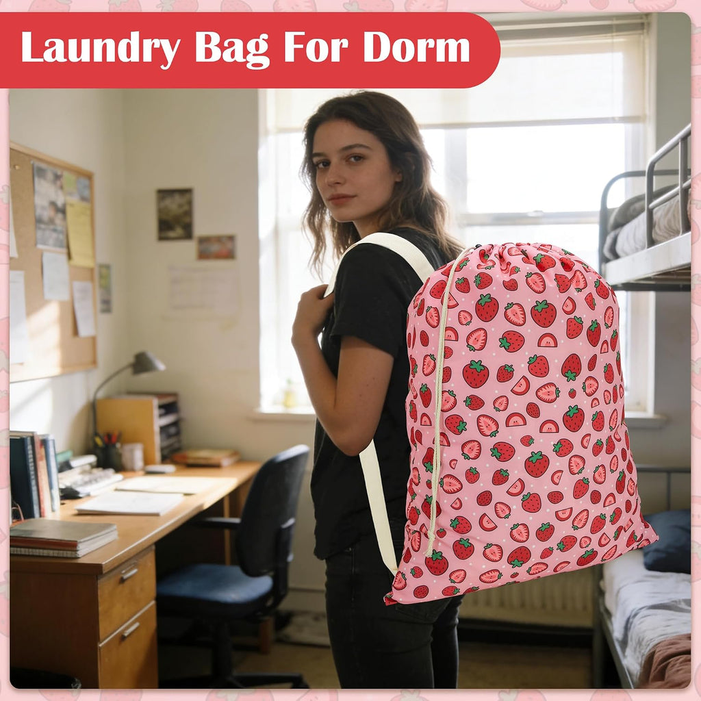 Canvas Laundry Bag with Shoulder Strap Drawstring, Strawberry, 23"W x 29"H