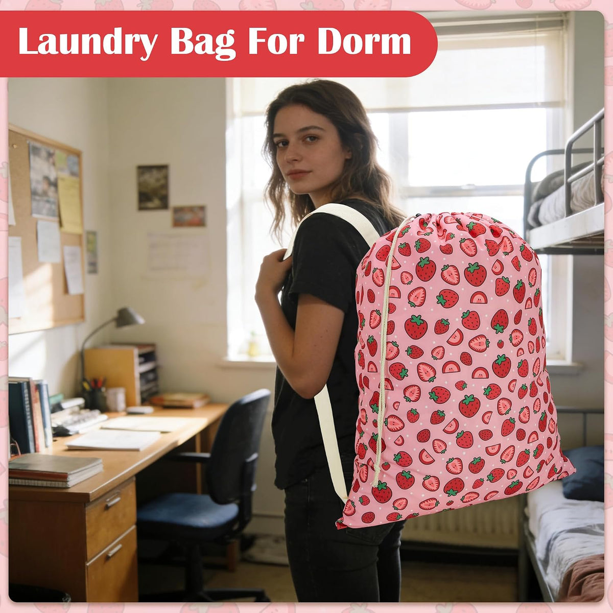 Canvas Laundry Bag with Shoulder Strap Drawstring, Strawberry, 23"W x 29"H