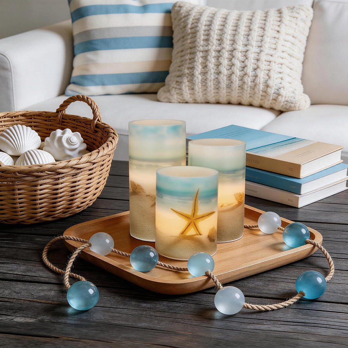 Beach Coastal Ocean Decor Seashell & Starfish Battery Flameless LED Candles