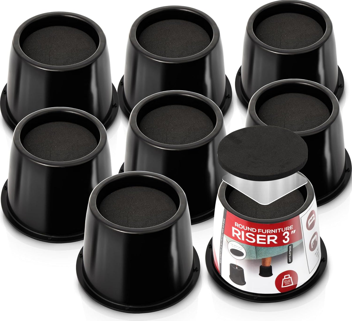 Utopia Bedding 3 Inch Bed Risers 8 Pack, Round Heavy Duty, Black