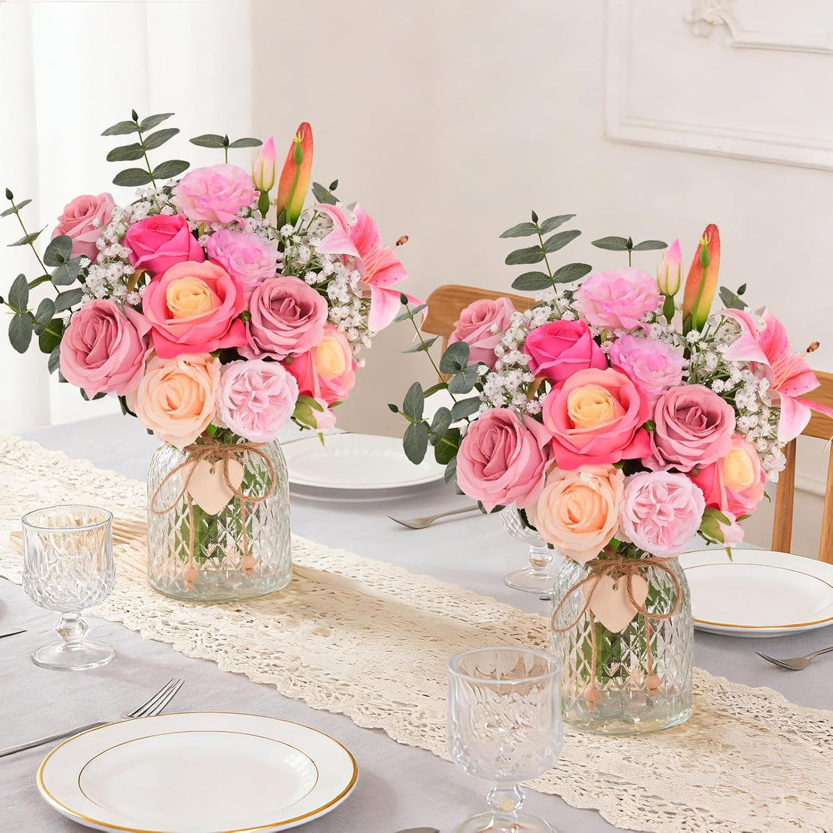 Livole 22Pcs Artificial Faux Flowers with Vase & Light Real Touch Flower