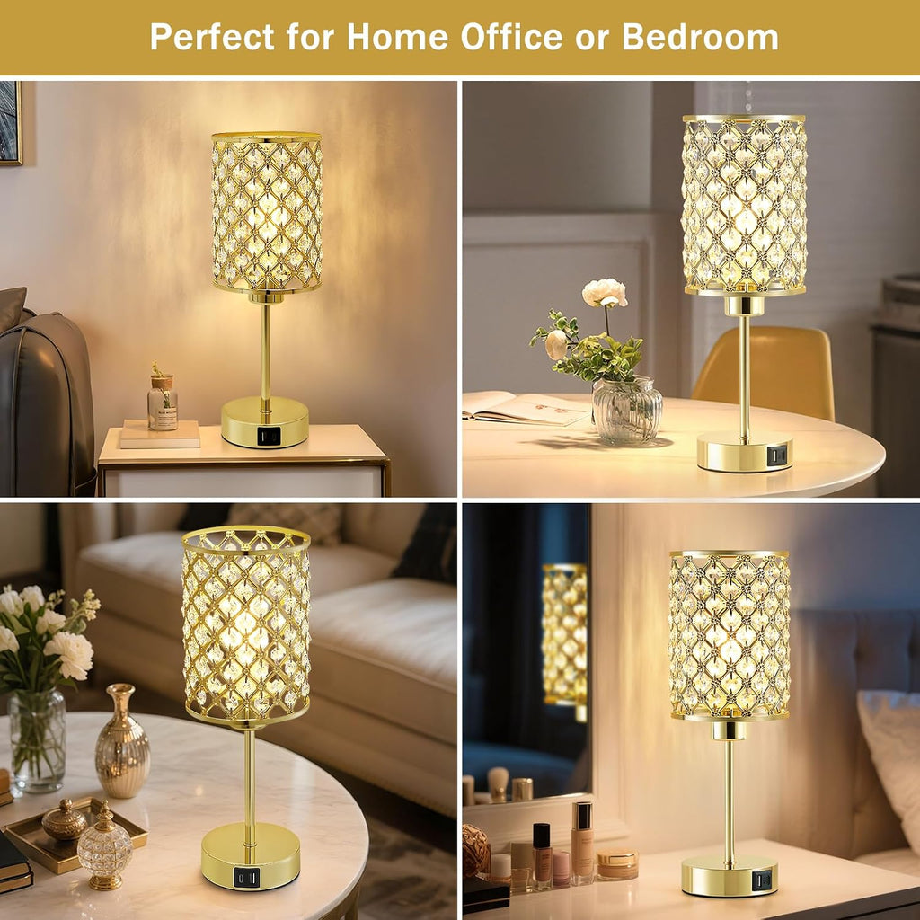 GyroVu Gold Crystal Bedside Table Lamps Set of 2 with USB C+A Ports