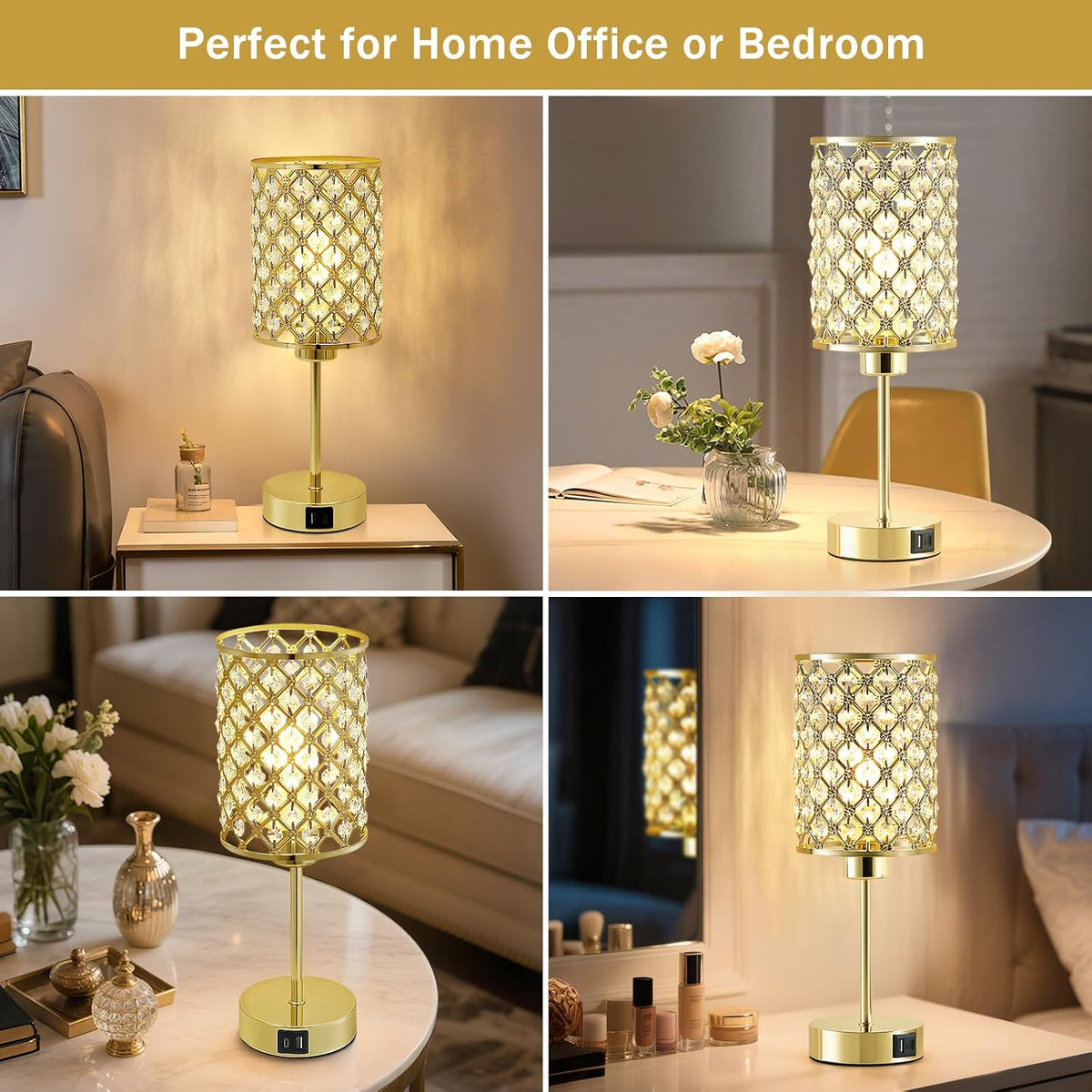 GyroVu Gold Crystal Bedside Table Lamps Set of 2 with USB C+A Ports