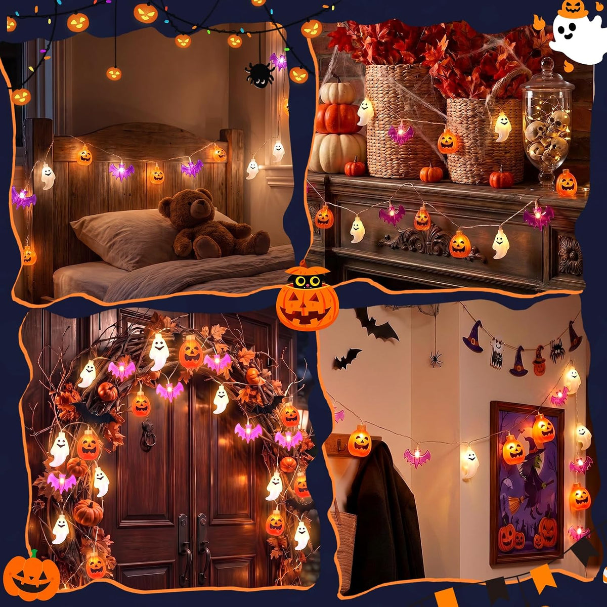 Halloween String Lights Indoor: 16.4 FT 30 LED Pumpkin Ghost Bats Lighted Decorations – 8 Modes Waterproof Timer for Window Porch House Room Bedroom Party Decor