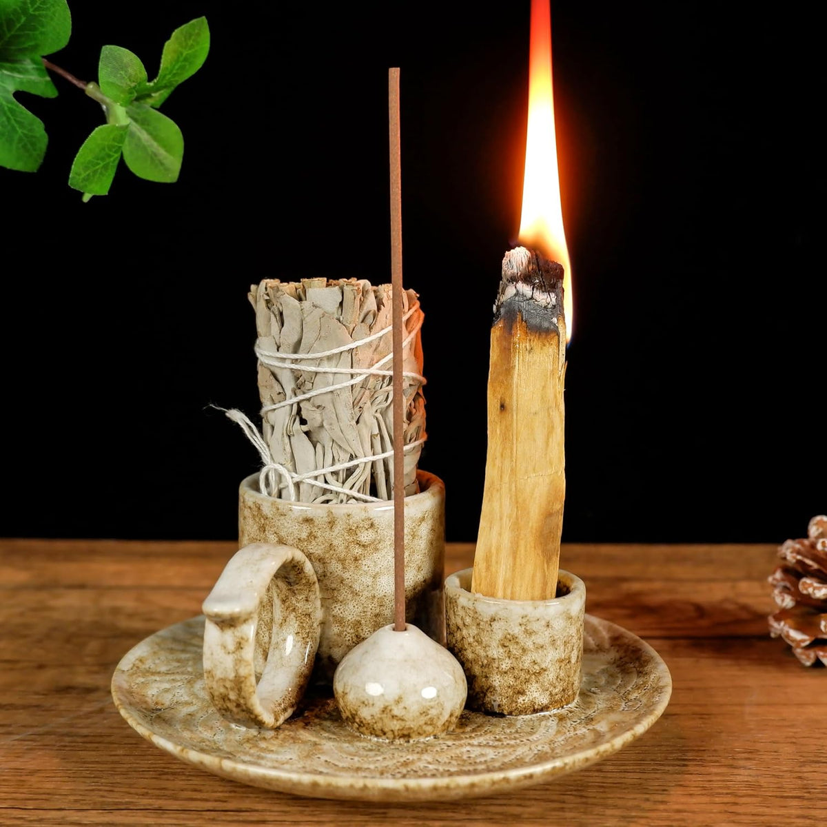 5 in 1 Ceramic Tabletop Incense Burner Holder for Palo Santo , Sage, Cones