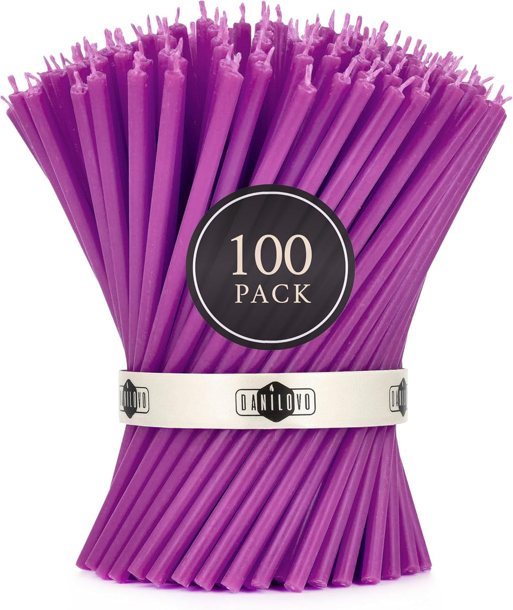 Danilovo Thin Taper Beeswax Candles - No-Drip, Smoke-Less, Tall, Decorative, Honey Scented Candles Ideal for Church Prayer, Rituals, Decor or Birthday – 6.3”x0.2” (Purple, 100pcs)