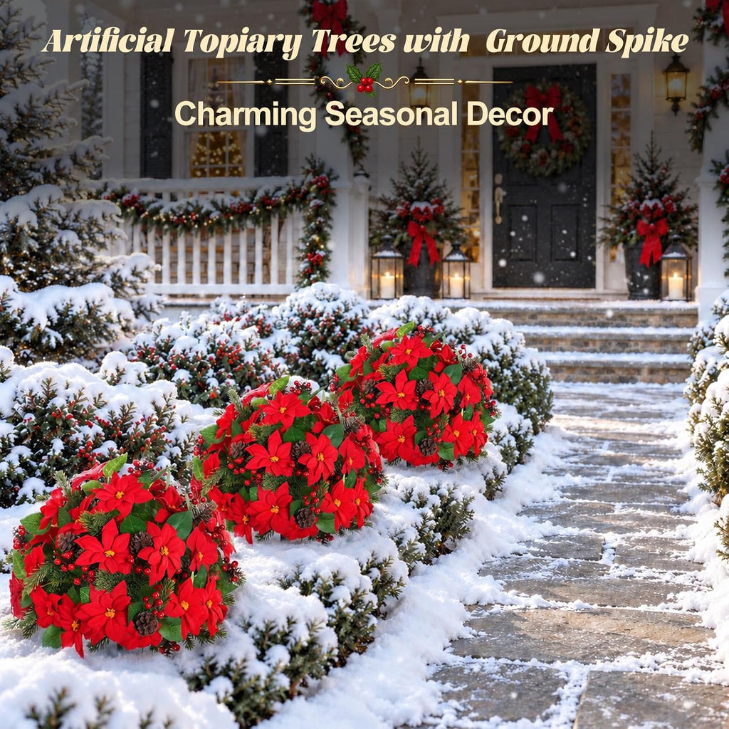 Yangrass 2PCS Poinsettia Pine Cone Topiary Trees with Spike Christmas Decor