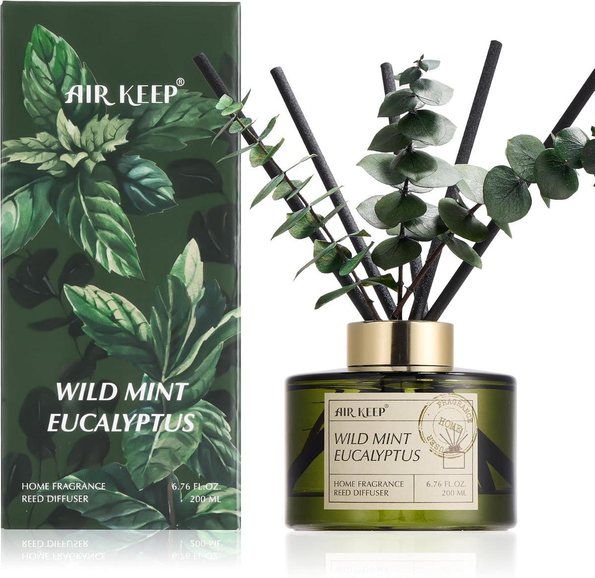Airkeep Reed Diffuser Set with 6.76 fl oz Wild Mint & Eucalyptus Scent Essential Oils and 3 Leaves & 8 Diffuser Sticks,Bathroom Shelf Decor & Air Freshener, House Bedroom Office Decor & Gifts