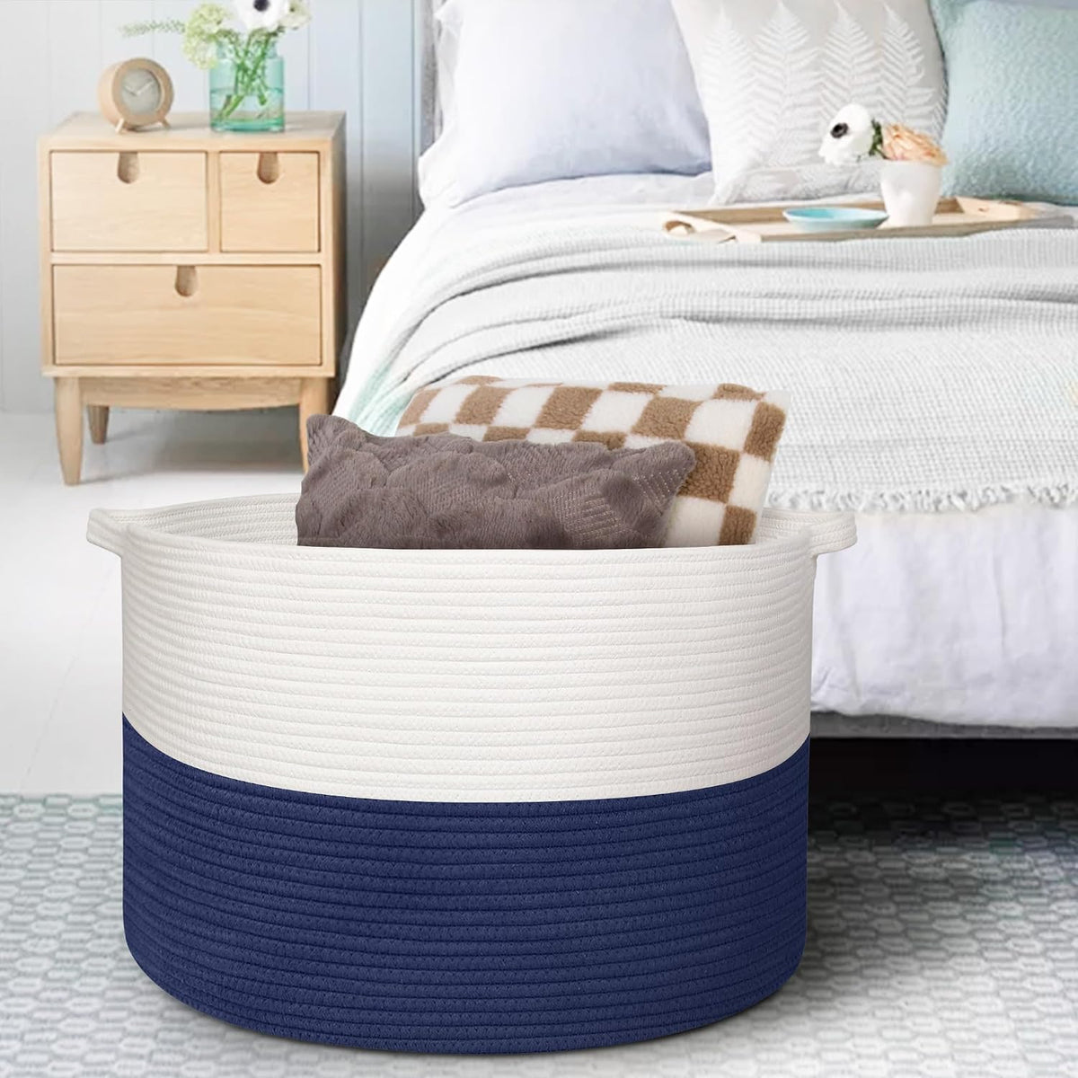 MEGASKET 115L Super Large Blanket Basket, Cotton Rope Woven Bin for Toy, Clothes, Laundry, Shoes, Toy Box for Living Room, Oversized Organizer, XXXL Jumbo Basket for Blankets, 23.6"x15.7", Navy Blue